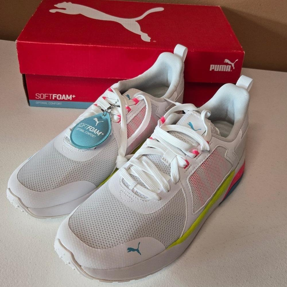 Puma‎ Anzarun Lite Bold Womens White Neon Pink Lime Blue Sneakers 374255-10 9.5